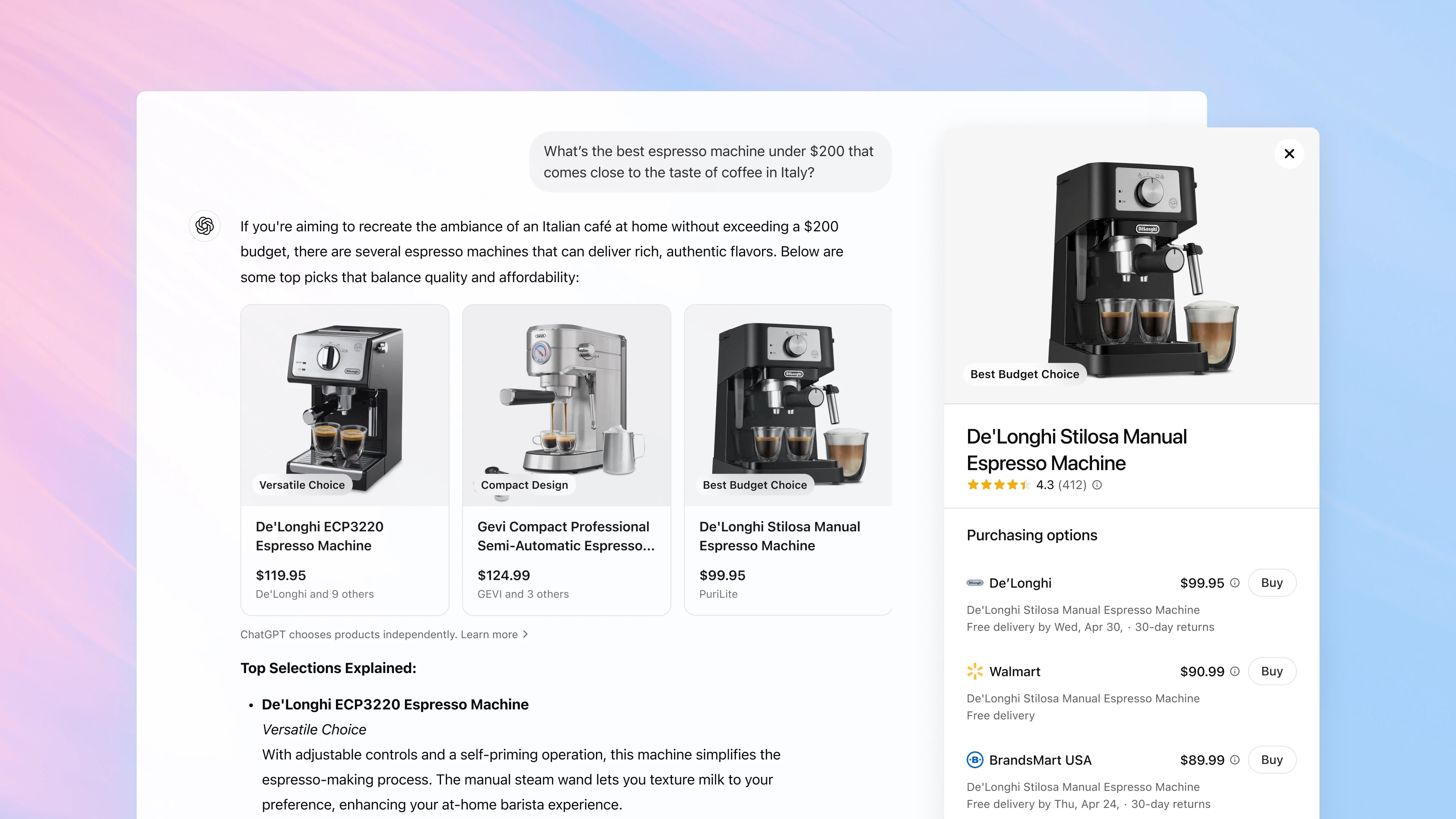 Shopping experience in ChatGPT showing product recommendations