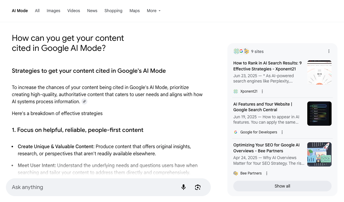 Google AI Mode screenshot showing content recommendations
